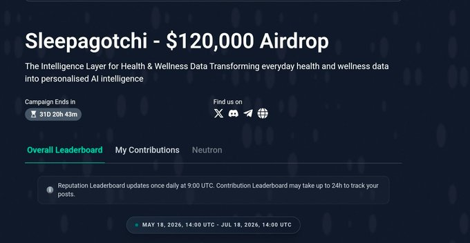 The screen shows a blue banner with black text advertising sleep apnea technology, $120K set aside for this creator campaign and providing details about how to join the campaign at [ nucleus.codes] with an emphasis on being an AI-powered wellness intelligence layer.