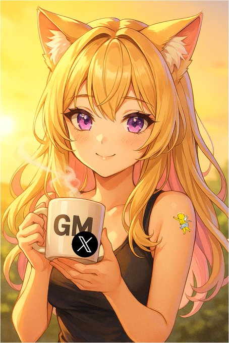 Anime-style illustration of a blonde girl with cat ears holding a steaming mug that reads 'GM' with the X (formerly Twitter) logo, smiling against a sunset background.