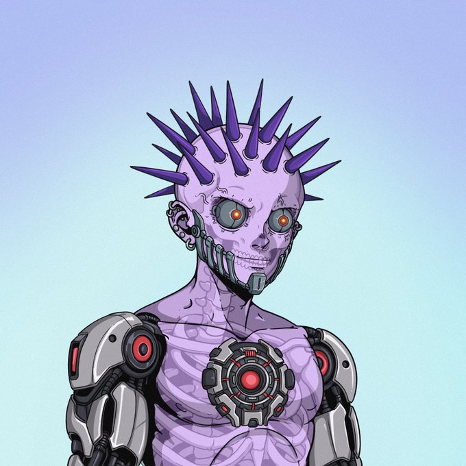 An illustration of a purple-skinned cyborg character with spiked hair, glowing red eyes, mechanical jaw, and robotic arms featuring red circular joints.