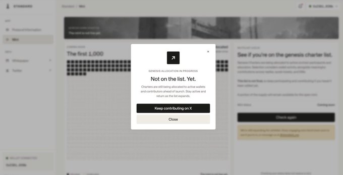 A desktop website displaying a popup for a GENESIS ALLOCATION IN PROGRESS message that reads 'Not on the list. Yet.', explaining that charters are being allocated to active wallets, with options to 'Keep contributing on X' or 'Close'.
