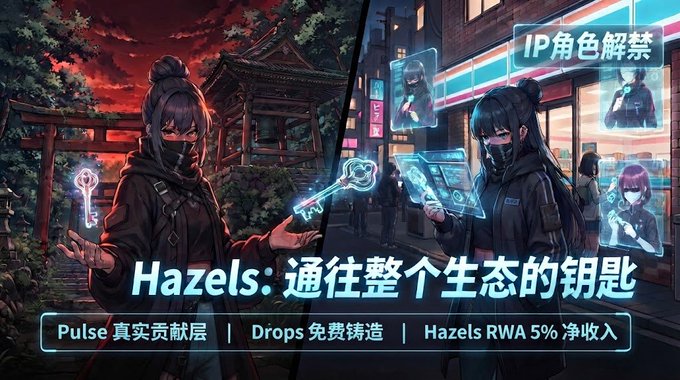 A promotional banner for 'Hazels' featuring anime-style artwork with characters holding glowing keys. Text includes 'IP角色解禁' (IP Character Unlocked), 'Hazels: 通往整个生态的钥匙' (Hazels: The Key to the Entire Ecosystem), and mentions 'Pulse', 'Drops', and 'Hazels RWA 5%'.