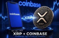 A promotional graphic showing 'XRP + COINBASE – Powering the future of finance' with a coinbase app displayed on a smartphone and an XRP coin, credited to 'BUY SELL HODL'.