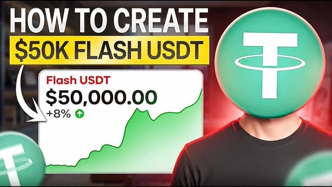 A YouTube thumbnail titled "HOW TO CREATE $50K FLASH USDT" displays a chart showing $50,000.00 with an +8% gain alongside a large green Tether (USDT) logo, directly illustrating the video's promise of teaching viewers how to create their own flash USDT token.