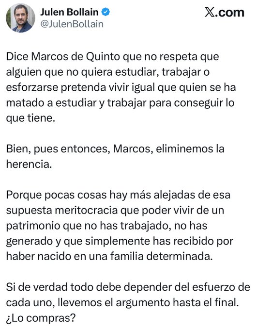 The image shows a tweet in Spanish from Julen Bollain (@JulenBollain) arguing that inheritance contradicts meritocracy since inherited wealth isn't earned, challenging Marcos de Quinto's views on effort. The caption suggests this aligns with a Bitcoin-based approach to transferring wealth outside government interference, contrasting the tweet's critique of unearned inherited wealth with the practical benefit of using Bitcoin to bypass such political discussions entirely.