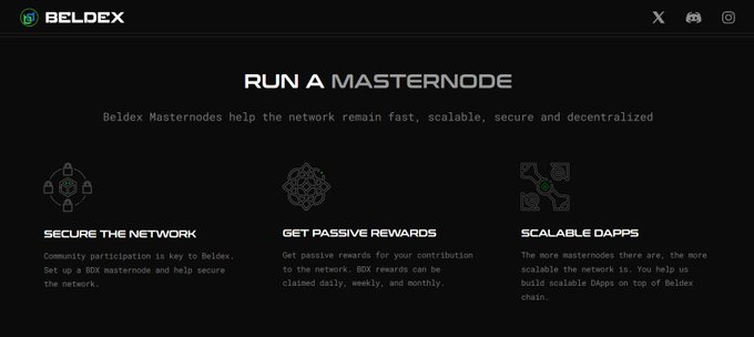 A webpage screenshot from Beldex showing 'RUN A MASTERNODE' with information about securing the network, getting passive rewards, and scaling DApps.