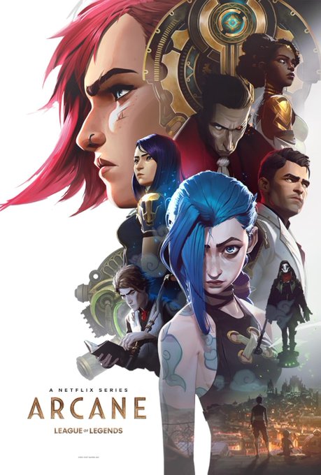 A promotional poster for the Netflix series 'ARCANE' based on 'LEAGUE OF LEGENDS', featuring stylized character portraits including a red-haired woman, a blue-haired girl (Jinx), and several other characters in a vibrant art style.