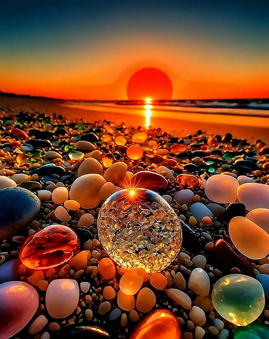 A vibrant sunset over the ocean, with a red sun reflecting on the water and colorful translucent pebbles and a glass orb scattered on the beach in the foreground.