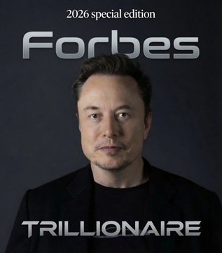 A Forbes magazine cover dated '2026 special edition' featuring Elon Musk with the headline 'TRILLIONAIRE'.