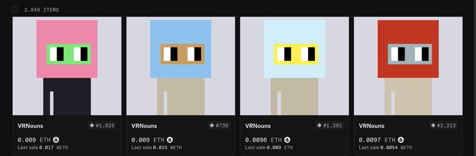 The image features four different cartoon characters wearing hats of various colors, including pink, blue, red, and yellow. The characters are lined up next to each other against a gray background, with text below them that reads "vrnouns" followed by "opensea", which is likely the name or website where these characters were created.