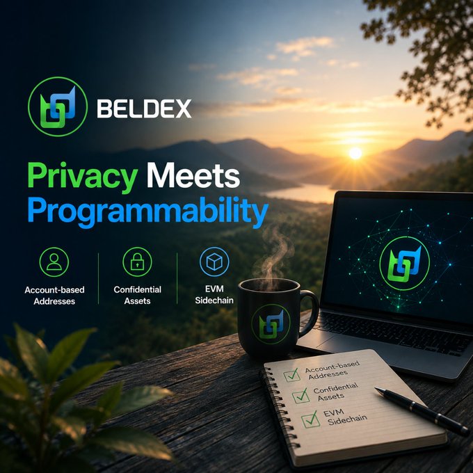 The promotional image for Beldex features the tagline "Privacy Meets Programmability" alongside a scenic mountain sunrise backdrop with a laptop, coffee mug, and notebook listing key features: Account-based Addresses, Confidential Assets, and EVM Sidechain. The visual directly complements the post's focus on Beldex's technical roadmap, particularly highlighting the account-based address model mentioned in the developer's work being reviewed.