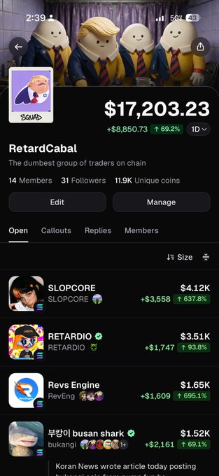 A mobile app screenshot of a crypto trading group called 'RetardCabal' valued at $17,203.23 with 69.2% gain, showing 14 members and listing tokens like SLOPCORE, RETARDIO, RevEng, and busan shark.