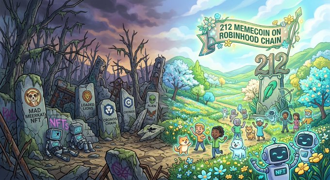 A cartoon illustration contrasts a dark graveyard of failed NFT projects on the left with a bright, flourishing landscape on the right, with text reading '212 MEMECOIN ROBINHOOD CHAIN' and '212'.