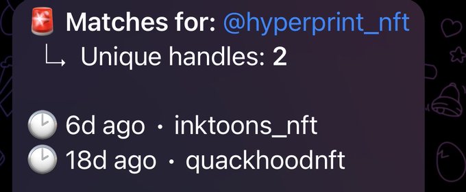 A search result displays "Matches for: @hyperprint_nft" showing 2 unique handles—@inktoons_nft from 6 days ago and @quackhoodnft from 18 days ago—suggesting repeated tagging patterns of the @hyperprint_nft account by these two users. This supports the "Serial Rugger BTW" post by implying that the same two accounts repeatedly tag the @hyperprint_nft handle, potentially as a coordinated spam or tagging scheme.
