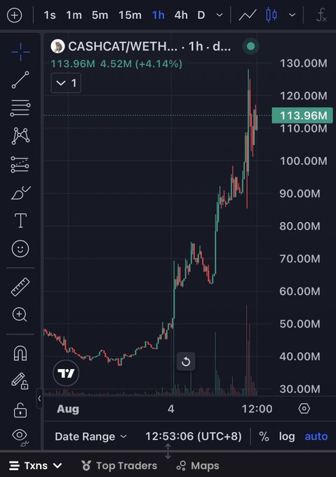 A candlestick price chart of CASHCAT/WETH (CASHCAT) shows a sharp upward move on the 1-hour timeframe, currently trading at 113.96M (up 4.52M / +4.14%), approaching its prior peak near 130M. The image supports the post's thesis that a second wave to ATH could trigger a Robinhood-style rally.