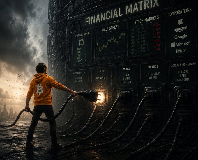 A dystopian digital artwork showing a figure in an orange Bitcoin hoodie plugging a cable into a massive 'FINANCIAL MATRIX' display, which features declining 'STOCK MARKETS' for corporations like Apple, Amazon, Google, Microsoft, and Pfizer, along with sections for Wall Street, Central Banks, Media, and Politics.