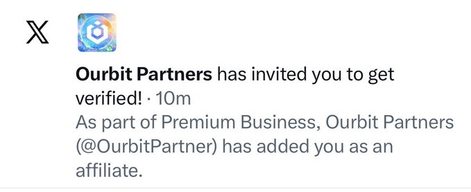 A notification from X (formerly Twitter) shows that **Ourbit Partners (@OurbitPartner)** has invited the user to get verified as an affiliate under Premium Business, tying into the post's reference to "green exchange."