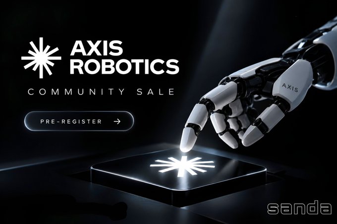 A promotional banner for "AXIS ROBOTICS" features a sleek robotic hand reaching toward a glowing logo on a black base, with a "PRE-REGISTER" button and a "sanda" watermark in the corner.