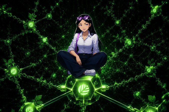 The image features a woman sitting cross-legged, wearing a white shirt and blue pants. She has purple hair and is surrounded by green lights that create an abstract pattern around her. The background of the image is black with various green lights scattered throughout. There are also some leaves in the scene, adding to the overall visual effect.

The caption for this image reads: "Canopy Network is easily what I'm most excited for this cycle And the best part? The foundations are already being built before the real expansion begins →Recursive blockchain architecture →Peer-to-peer mesh security via CNPY →Appchains launch with Day 1 security →Built".