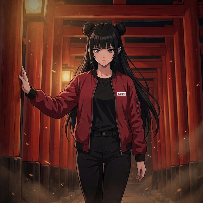 An anime-style illustration of a girl with long black hair styled in double buns, wearing a red bomber jacket with a "Supreme" logo, standing among red wooden torii gates.