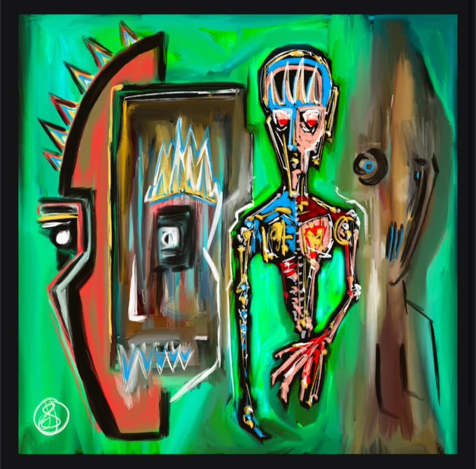An expressionist painting in the style of Jean-Michel Basquiat featuring a skeletal figure next to a stylized arcade machine or cabinet, set against a vivid green background.