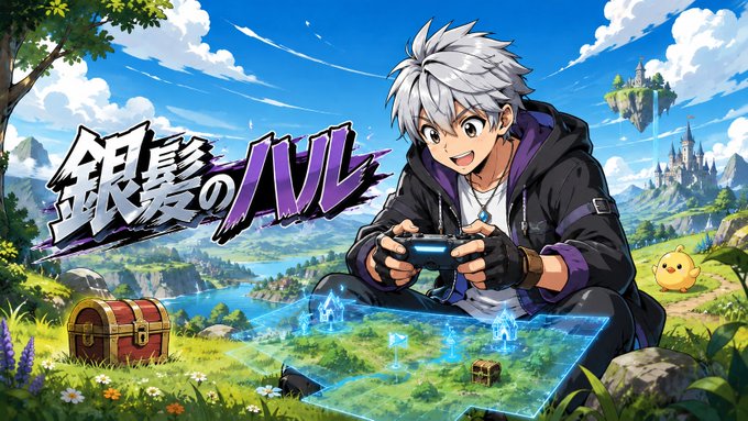 The image features a man sitting down, playing video games with a game controller. The scene takes place outdoors, possibly in a park or garden setting. There are two birds visible in the background, adding to the natural ambiance of the environment. The main focus is on the man and his gaming experience, while the presence of the birds adds an interesting element to the overall composition.