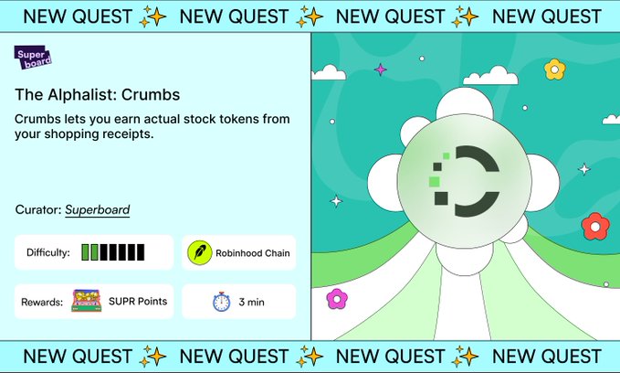 A promotional graphic for a 'Superboard' quest titled 'The Alphalist: Crumbs', describing how users earn stock tokens from shopping receipts, with a difficulty rating and SUPR Points reward.