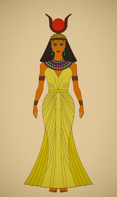 An illustration depicts an Egyptian figure wearing a yellow pleated gown, an ornate jeweled collar, and a headdress topped with a red sun disk and horns.