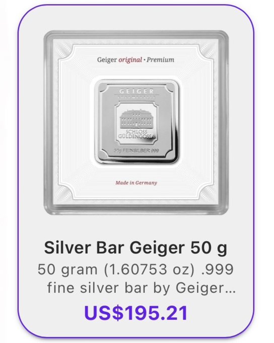 A 50-gram (.999 fine) Geiger "Schloss Güldengossa" silver bar valued at US$195.21 is shown as the prize for a YouTuber competition targeting the $XLM (Stellar) cryptocurrency community.