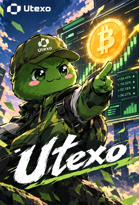 An anime-style advertisement features a green character wearing a 'Utexo' cap pointing at a glowing Bitcoin, with the 'Utexo' logo prominently displayed alongside stock chart figures like '+128.45%'.