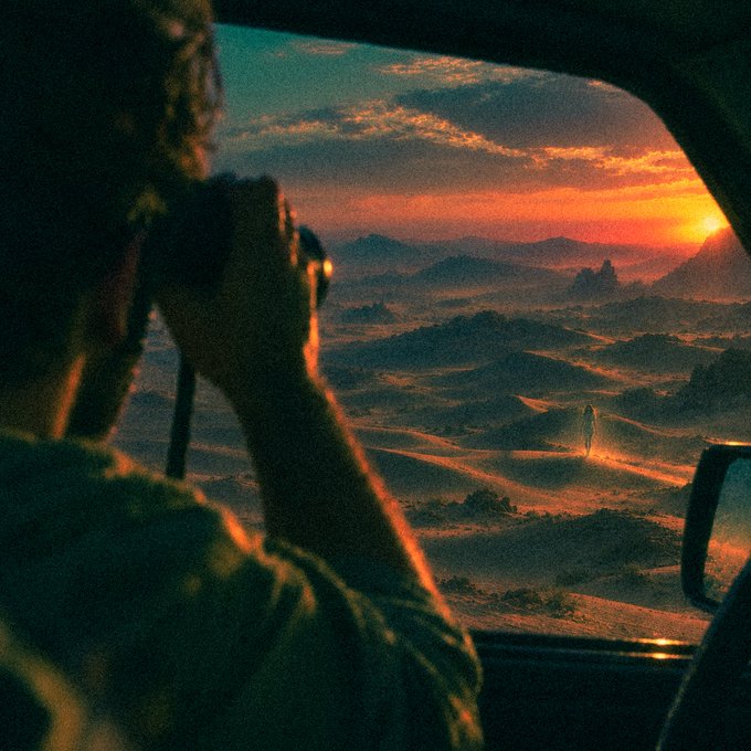 An artistic photograph showing a silhouetted person holding a camera, looking out at a vibrant sunset over a desert landscape with a small figure standing in the distance.