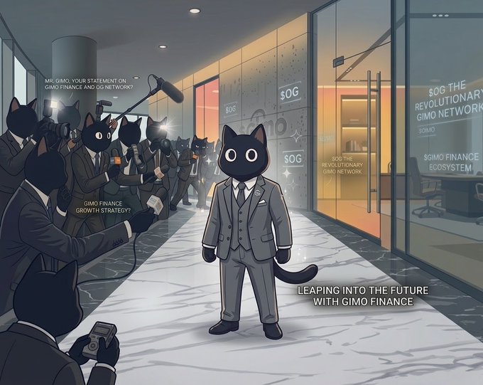 An anime-style illustration of a black cat mascot in a gray business suit being interviewed by a crowd of press photographers with boom mics and cameras, in a modern office hallway labeled '$OG THE REVOLUTIONARY GIMO NETWORK' with the caption 'LEAPING INTO THE FUTURE WITH GIMO FINANCE.'