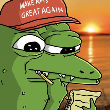 A Pepe the Frog meme wearing a red 'MAKE NFTS GREAT AGAIN' cap, holding a pencil and paper, set against a sunset ocean background.