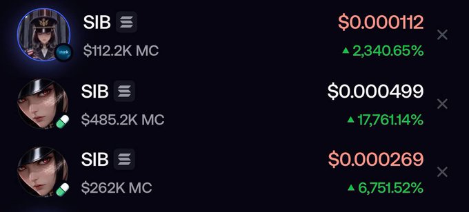 Three $SIB tokens are displayed with market caps of $112.2K, $485.2K, and $262K, all showing significant gains (2,340.65%, 17,761.14%, and 6,751.52% respectively), illustrating the multiple SIB tokens that exist on different decentralized exchanges—a point the post emphasizes by clarifying which $SIB is the legitimate $STONK team token.