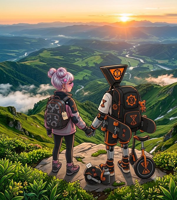 An anime-style illustration of two characters, one with pink hair and another robotic figure with gear motifs, holding hands and looking out over a vast green mountain landscape at sunset, with a skateboard and helmet nearby.