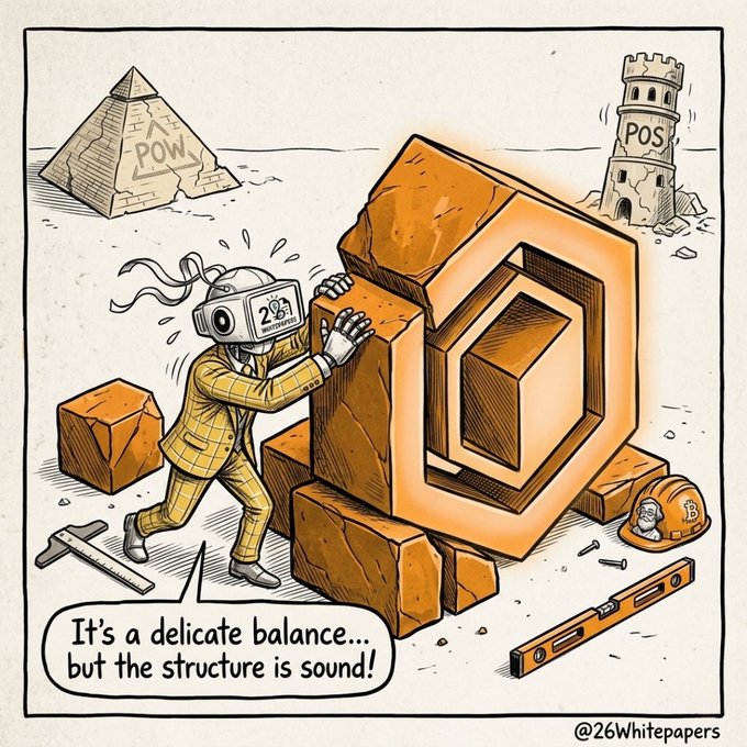 The image features an illustration of a man wearing a suit and tie, pushing a large rock with his foot while holding onto a smaller rock. The text above him reads "It's a delicate balance... but the structure is sound!". This phrase suggests that the man is trying to maintain stability in the situation by carefully handling both rocks at once. The image also includes a caption about Bitcoin and @Coredao_Org, which might be related to the illustration or could simply serve as an interesting detail for viewers.