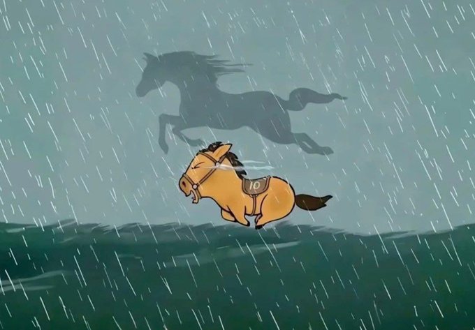 An illustration of a saddled horse galloping through heavy rain on dark waters, with the shadow of a horse reflected in the sky above.