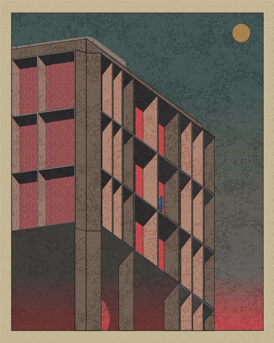 An illustration of a brutalist-style concrete building with a grid of windows, some lit with red light, under a dark teal sky with a yellow moon and a tiny figure visible in one window.