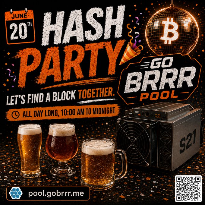 The image features a poster advertising a Hash Party that will take place Saturday, June 20th at Go Brrr Pool. The poster includes a photo of beer glasses filled with beer and a pool ball, as well as a Bitcoin block party theme. The text on the poster encourages attendees to "Let's find a block together." Additionally, there is a code for a pool party in the bottom right corner of the image.