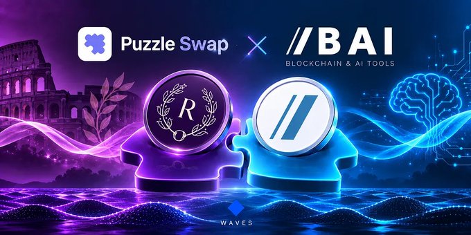 A promotional graphic featuring the logos for 'Puzzle Swap' and '//BAI BLOCKCHAIN & AI TOOLS' with a 'WAVES' logo at the bottom, set against a purple and blue background with puzzle pieces, a Colosseum, and a glowing AI brain.