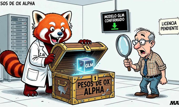 A cartoon red panda in a lab coat opens a treasure chest labeled 'PESOS DE OX ALPHA' containing a glowing 'GLM' cube, while a man with a magnifying glass observes, with text 'MODELO GLM CONFIRMADO' and 'LICENCIA PENDIENTE'.