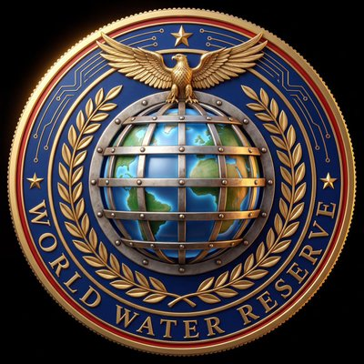A gold and blue emblem featuring an eagle above a globe with the text 'WORLD WATER RESERVE' around the border.
