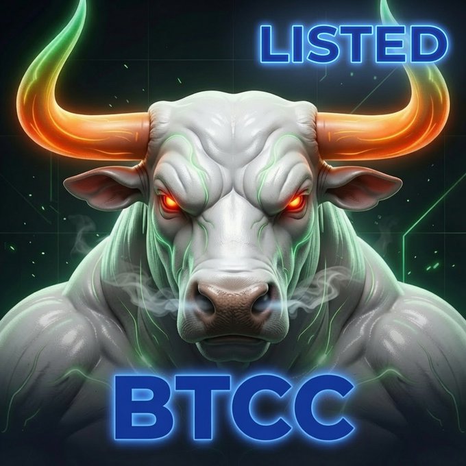 A fierce, muscular white bull with glowing orange horns and red eyes appears alongside the text "LISTED" and "BTCC" in glowing blue letters, symbolizing a bullish crypto listing announcement on the BTCC exchange.