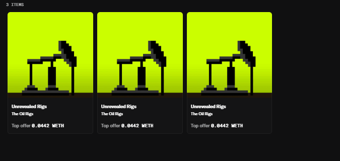 The image displays three identical "Unrevealed Rigs" from "The Oil Rigs" NFT collection, each with a top offer of 0.0442 WETH. This aligns with the post about trading Oil Rigs NFTs, showing three held items with current offers just below the mentioned 0.0475 ETH trading price.