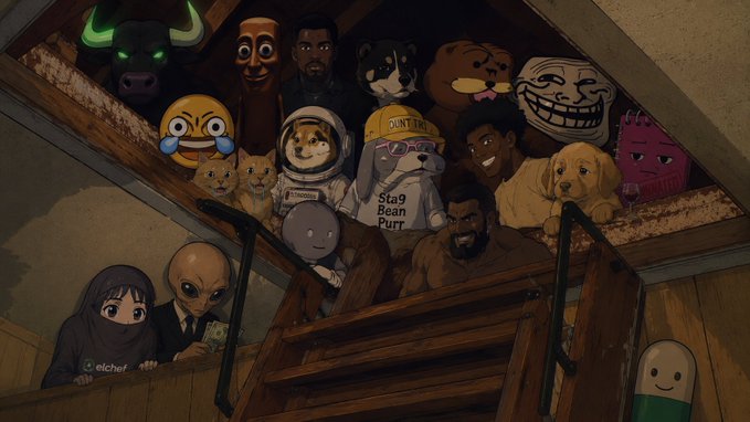 An illustrated scene of various meme characters, including a doge, aliens, a cat in an astronaut suit, and a troll face, crowded together on a wooden staircase.