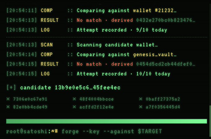 Terminal screen showing cryptocurrency wallet scanning logs with entries for 'COMP', 'RESULT', 'LOG', and 'SCAN', ending with a command prompt running 'forge --key --against $TARGET'.