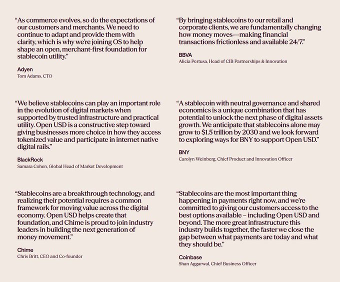 A collection of quote blocks from executives at major financial and tech companies—Adyen, BBVA, BlackRock, BNY, Chime, and Coinbase—endorsing OpenUSD, a new stablecoin launching in collaboration with the Open Standard initiative, which as noted in the post sends reserve yield to its 140+ distribution partners rather than retaining it at the issuer level like Circle and Tether.