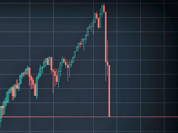 A candlestick chart showing an upward trend that suddenly drops sharply with a large red candle, representing a market crash.
