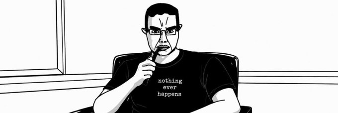 A black-and-white cartoon illustration shows a man with glasses and a serious expression holding a pen to his chin, wearing a t-shirt that reads "nothing ever happens." The image's nihilistic message and the man's thoughtful pose visually echo the post's theme of supplying an unusually high percentage (80%) of a creator coin, presented in the detached, ironic style reminiscent of "CHUD" memes referenced in the text.