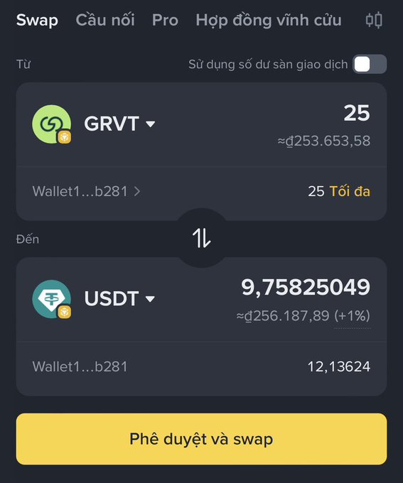 A screenshot of a cryptocurrency swap interface showing the exchange of 25 GRVT tokens for 9.75825049 USDT, with a yellow button labeled 'Phê duyệt và swap' (Approve and swap).