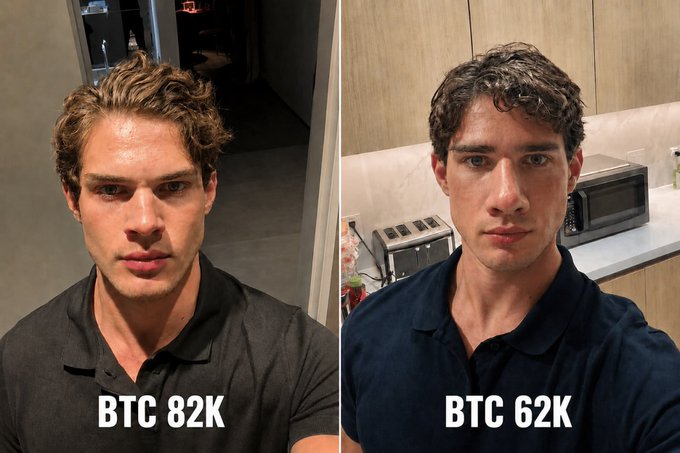 The image shows two men with short hair, both wearing black shirts. One man has a beard while the other does not. They are standing side by side against a gray background. The text "$BTC" appears at the bottom of the image, which is likely a reference to Bitcoin or another digital currency.
